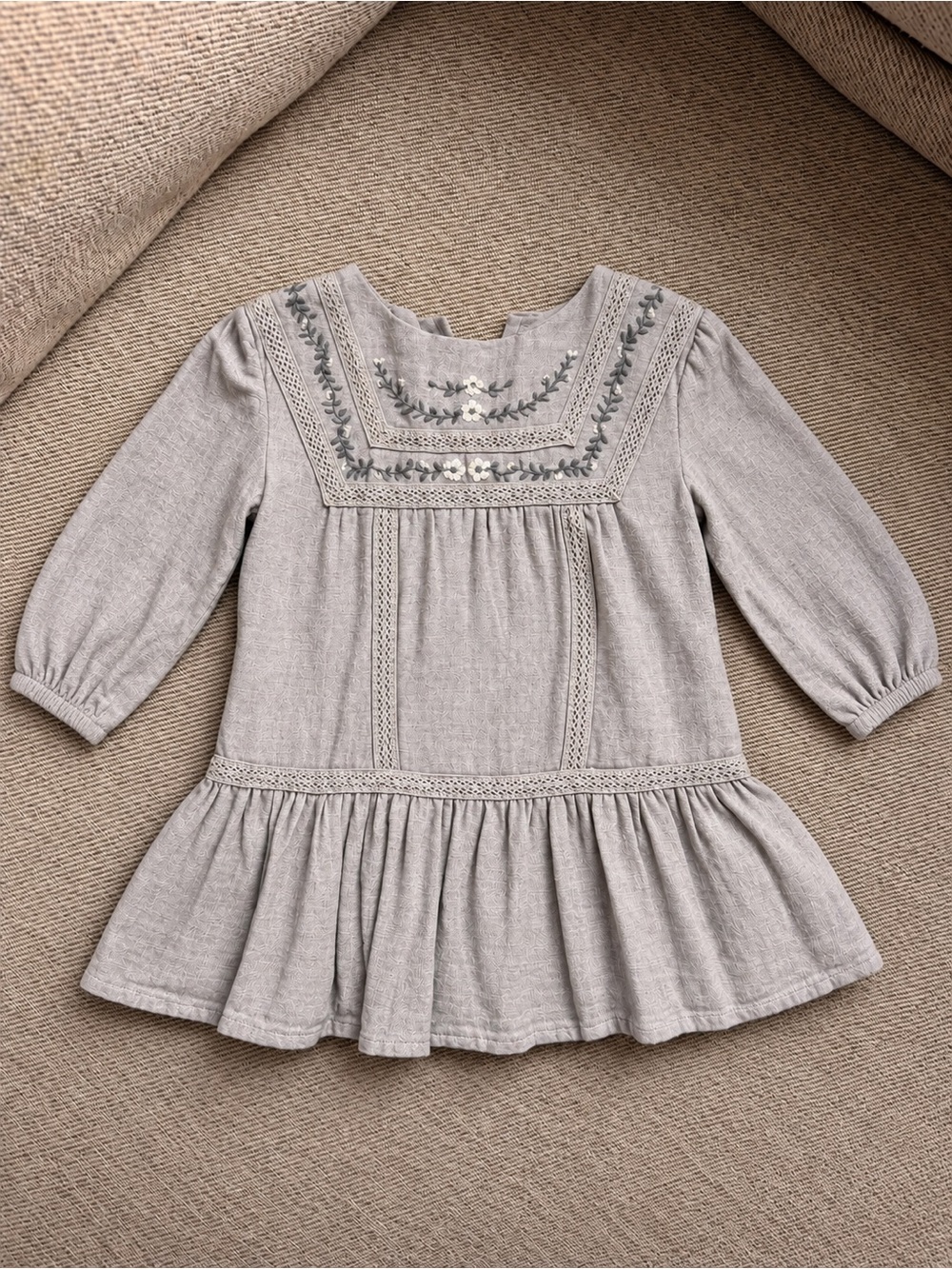 Girls' Gray Embroidered Long-Sleeve Peasant Tunic